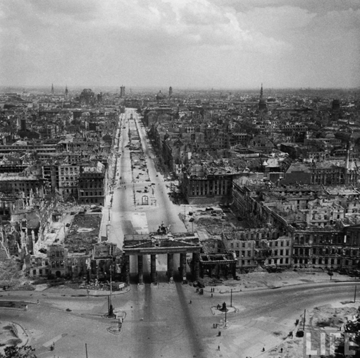 Aerial view of Russian controlled Berlin beyond the Brandenburg Gate.  July 1945