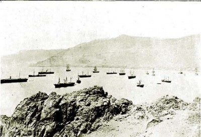 Chilean ships off the coast of Arica, formerly part of Peru.  (1879) 