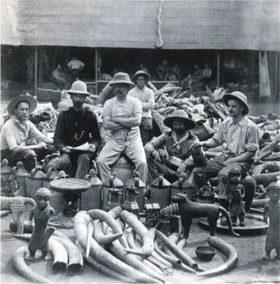 Members of the British Punitive Expedition against Benin from the Niger Coast Protectorate posing with looted ivories and bronze objects. (1897)