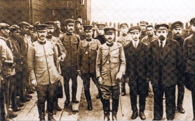 Representatives of the Far Eastern Republic meet with Japanese Military Officers in July, 1920 at Gongota station, Transbaikal territory.  (Trans-Siberian Photo Gallery)